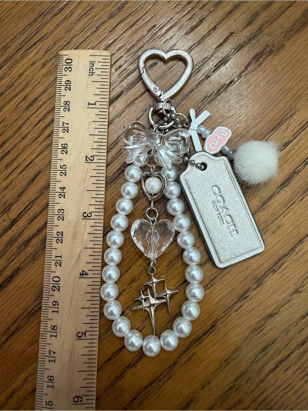 COACH Silver Hang Tag & White Pearl Charm Keychain with Heart, Bows and Pom